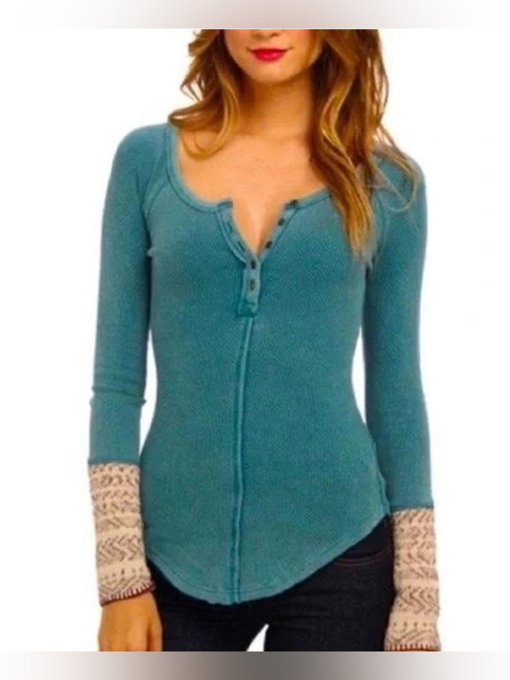 Free People | Alpine Teal Waffle Knit Henley Top | Small